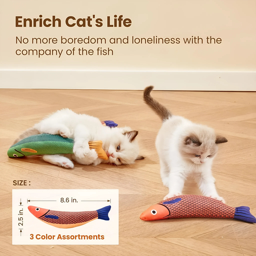 Green, orange, and yellow soft plush saury fish cat toys with catnip filling for interactive play