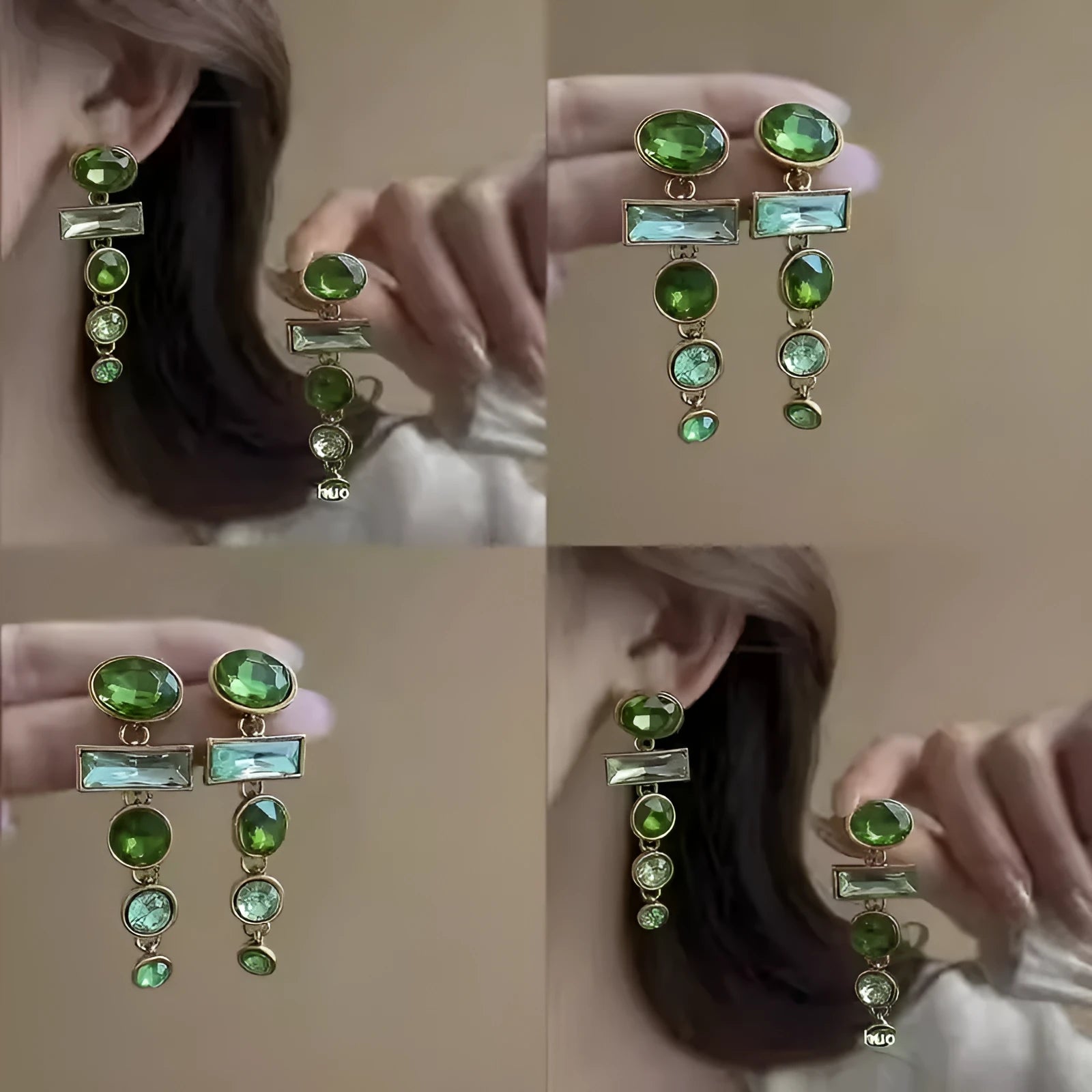 A pair of women's green gradient alloy drop earrings with a geometric tassel design and inlaid zircon stone.