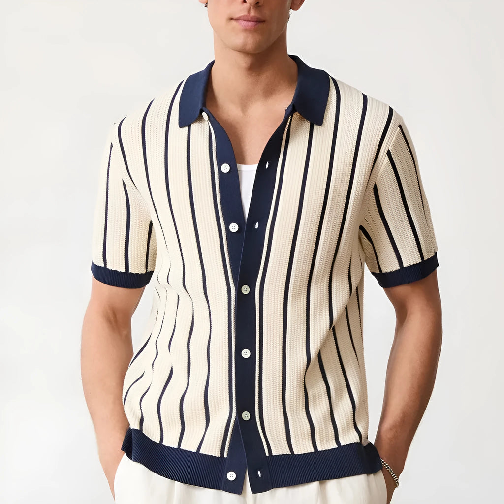 Men's white lapel collar knitted shirt with asymmetric hem design