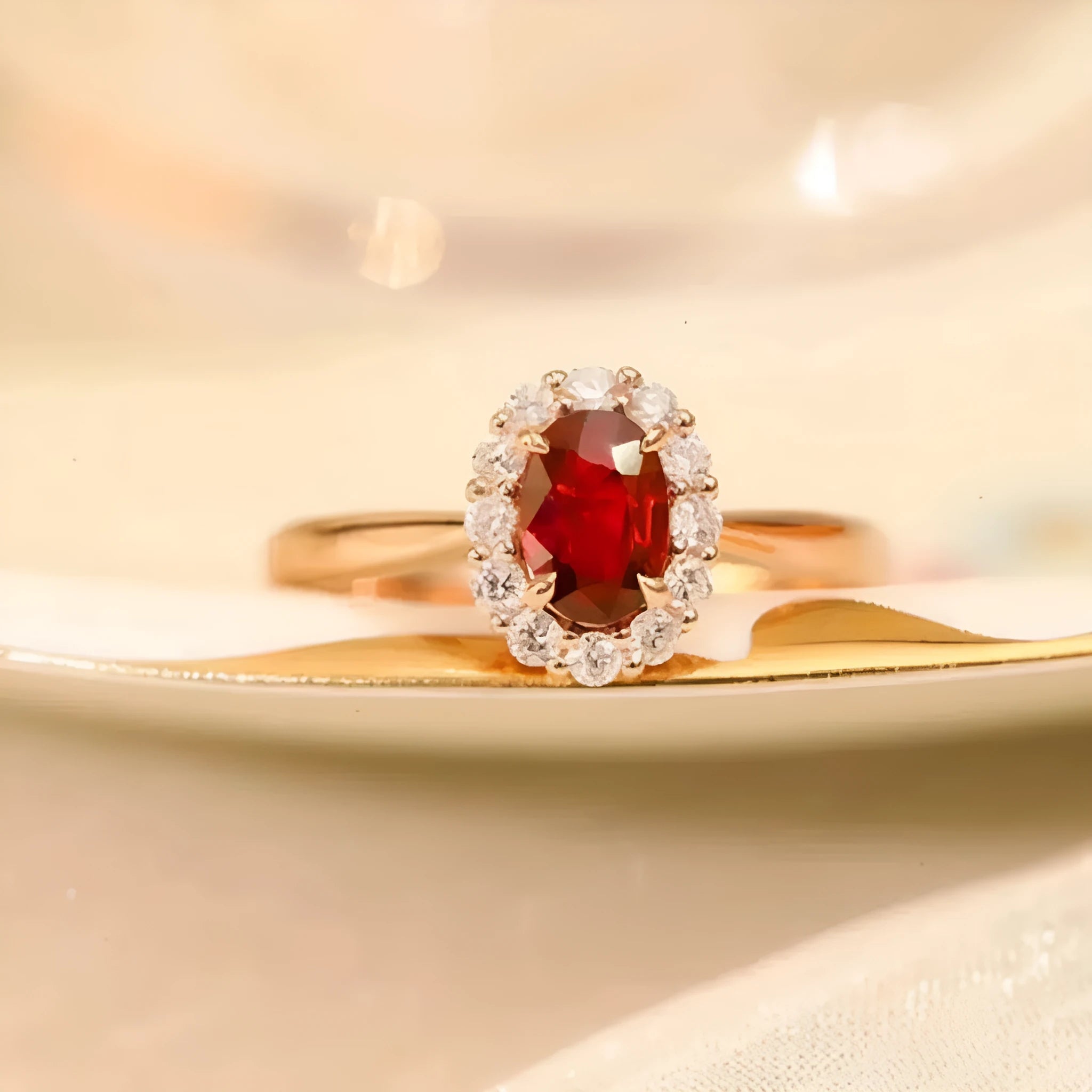 Women's silver ring with blood ruby artificial gemstone and gold pigeon floral design