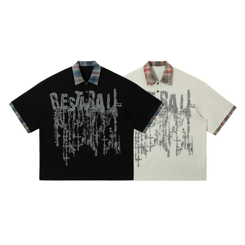 Men's loose fit asymmetric graffiti print cotton t-shirt in blue or red