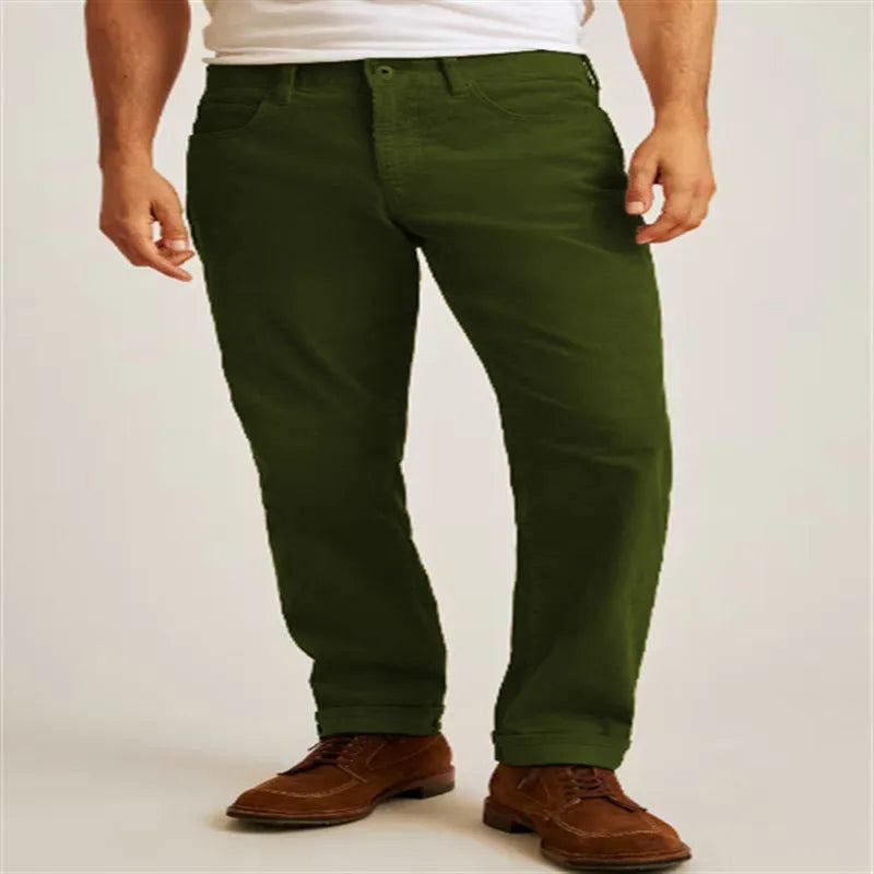 Corduroy straight leg trousers in green colour with loose casual fit and mid-waist design