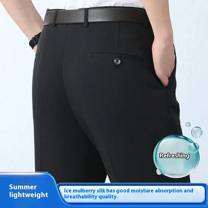 Men's straight-leg high-waist business trousers in a mulberry silk blend fabric