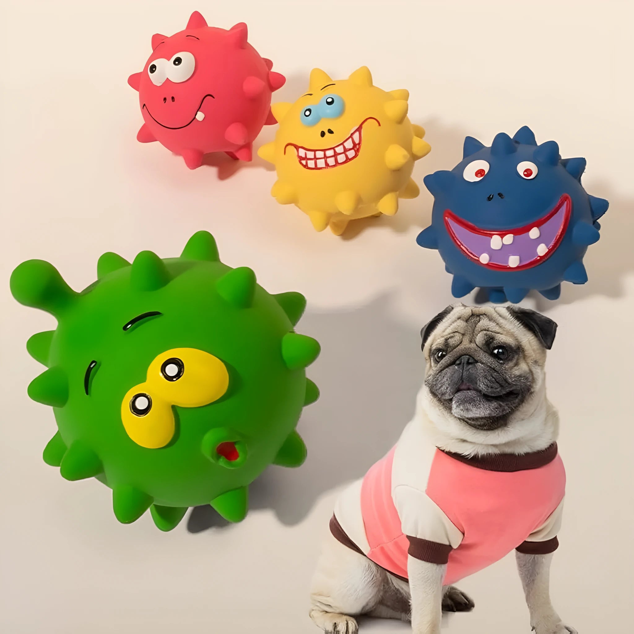 Set of colourful natural latex dog squeaky balls with bumpy surfaces and cute faces for teeth cleaning play