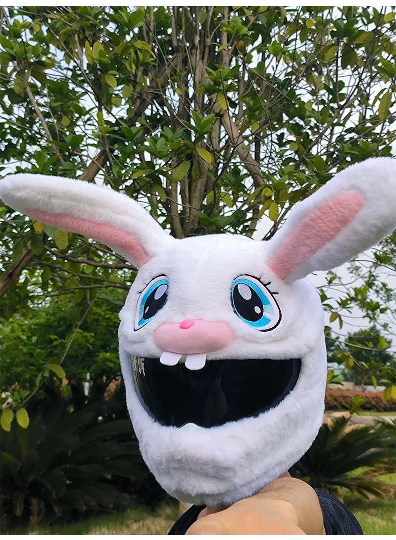 White plush rabbit head decorative cover for an electric motorcycle helmet.