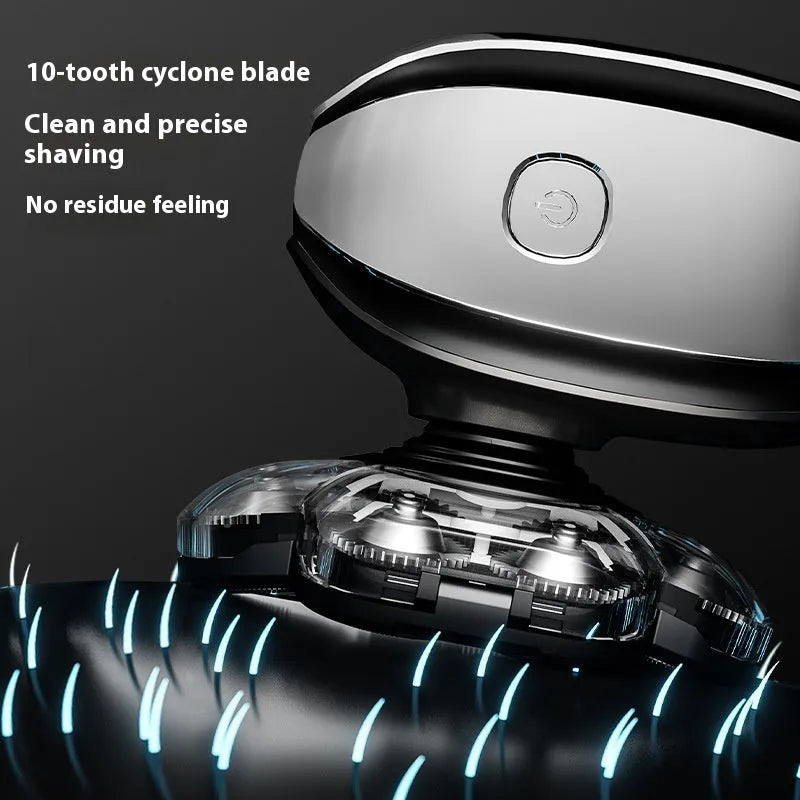 Black rechargeable hair clippers kit with multiple attachments including shaver, nose trimmer, and cleansing brush on a table.