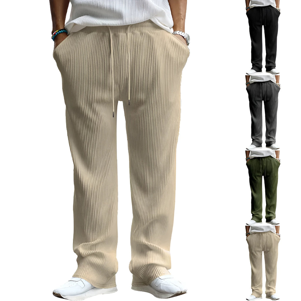 Men's loose fit high waist straight leg casual trousers in a striped pattern