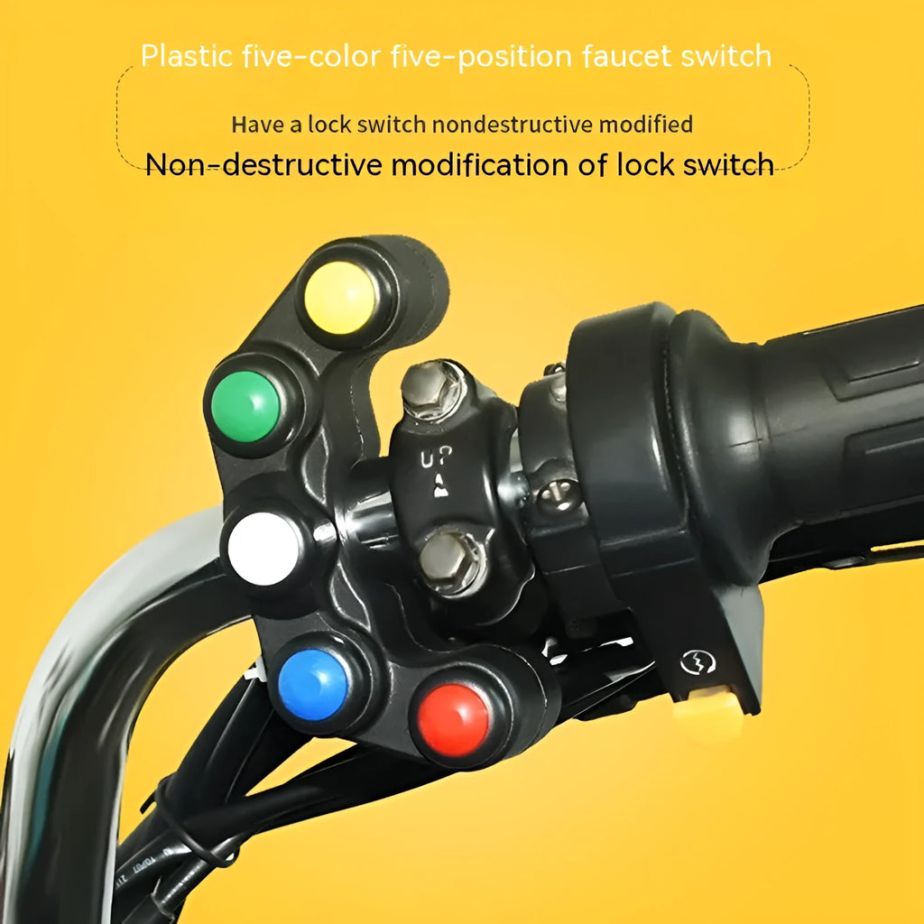 Plastic five-position toggle switch with coloured buttons for motorcycle electrical accessories.