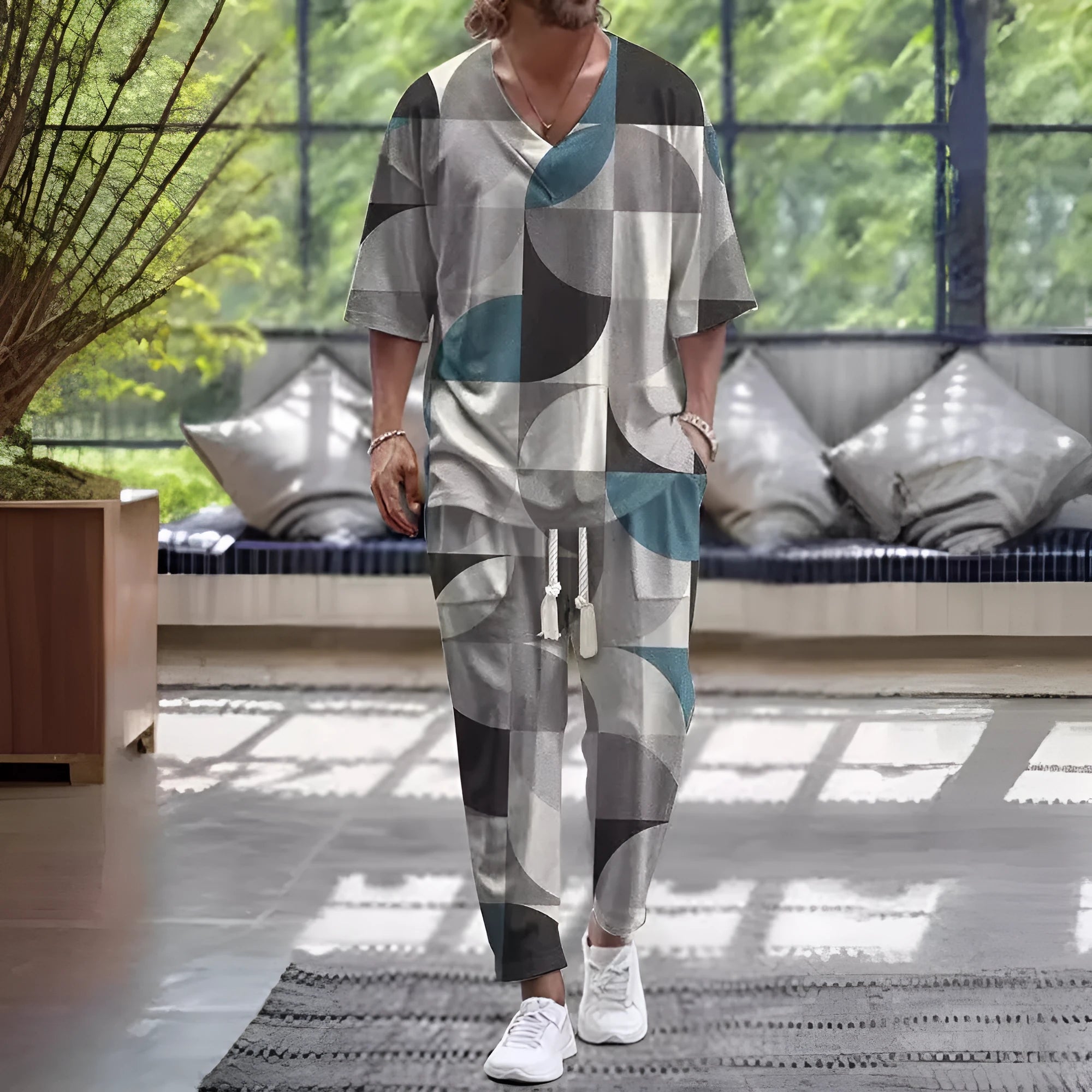 Women's light grey cropped sleeve V-neck jacket and trousers suit set on a hanger.