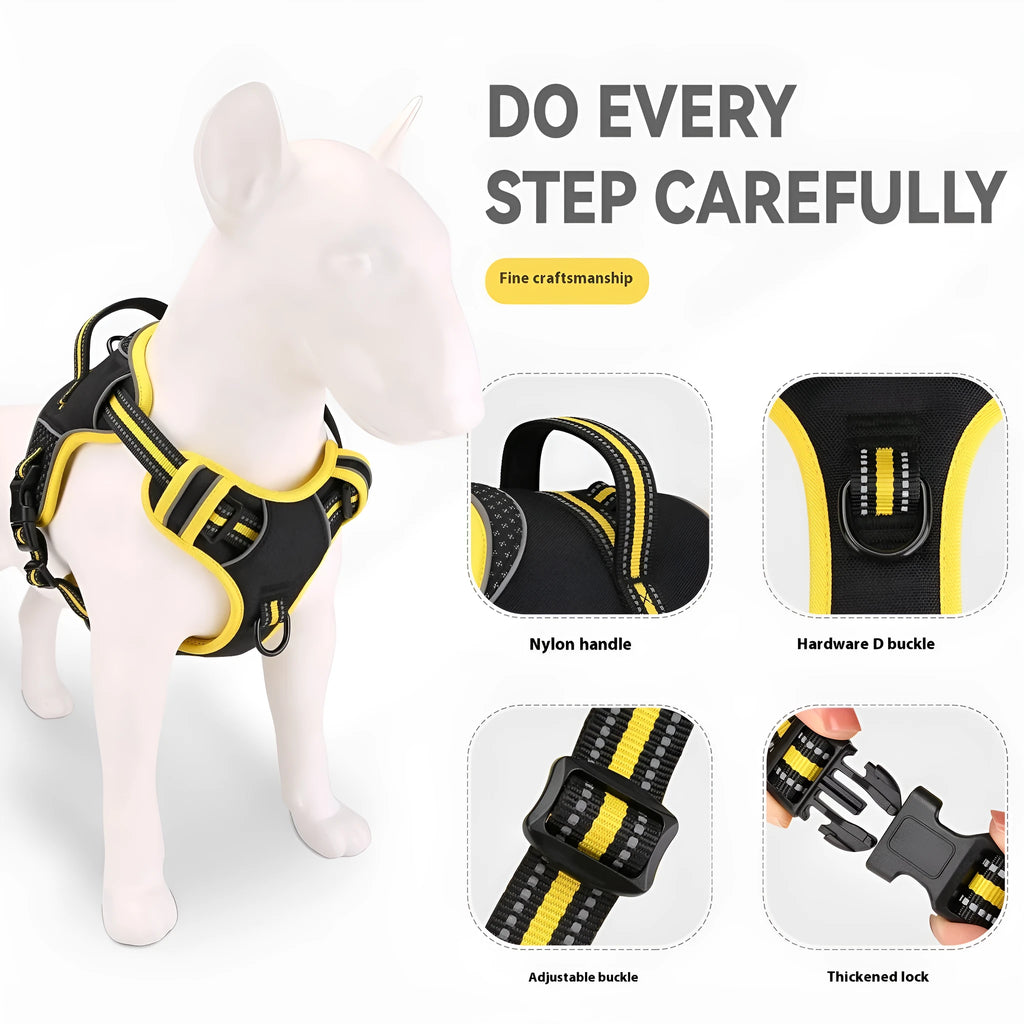 Orange anti-breaking dog harness with polyester traction strap for outdoor walking.
