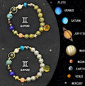 Set of two natural stone beaded bracelets showing twelve different zodiac sign designs.