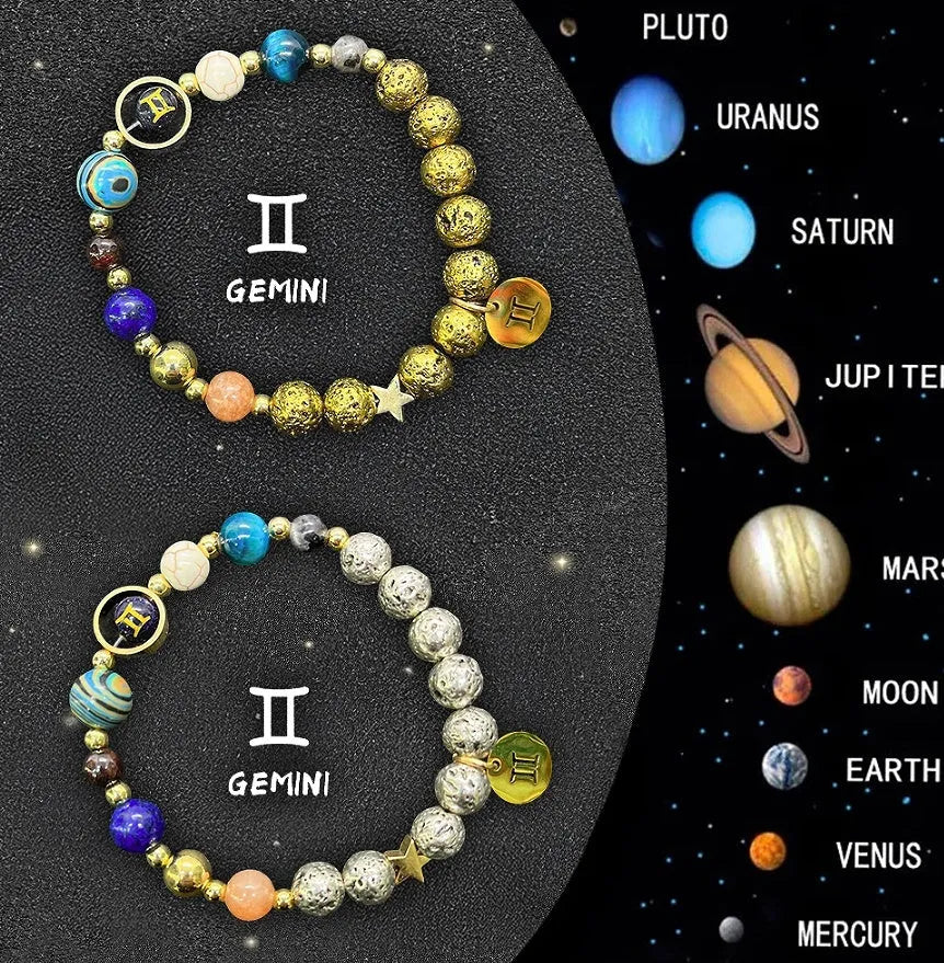 Set of two natural stone beaded bracelets showing twelve different zodiac sign designs.