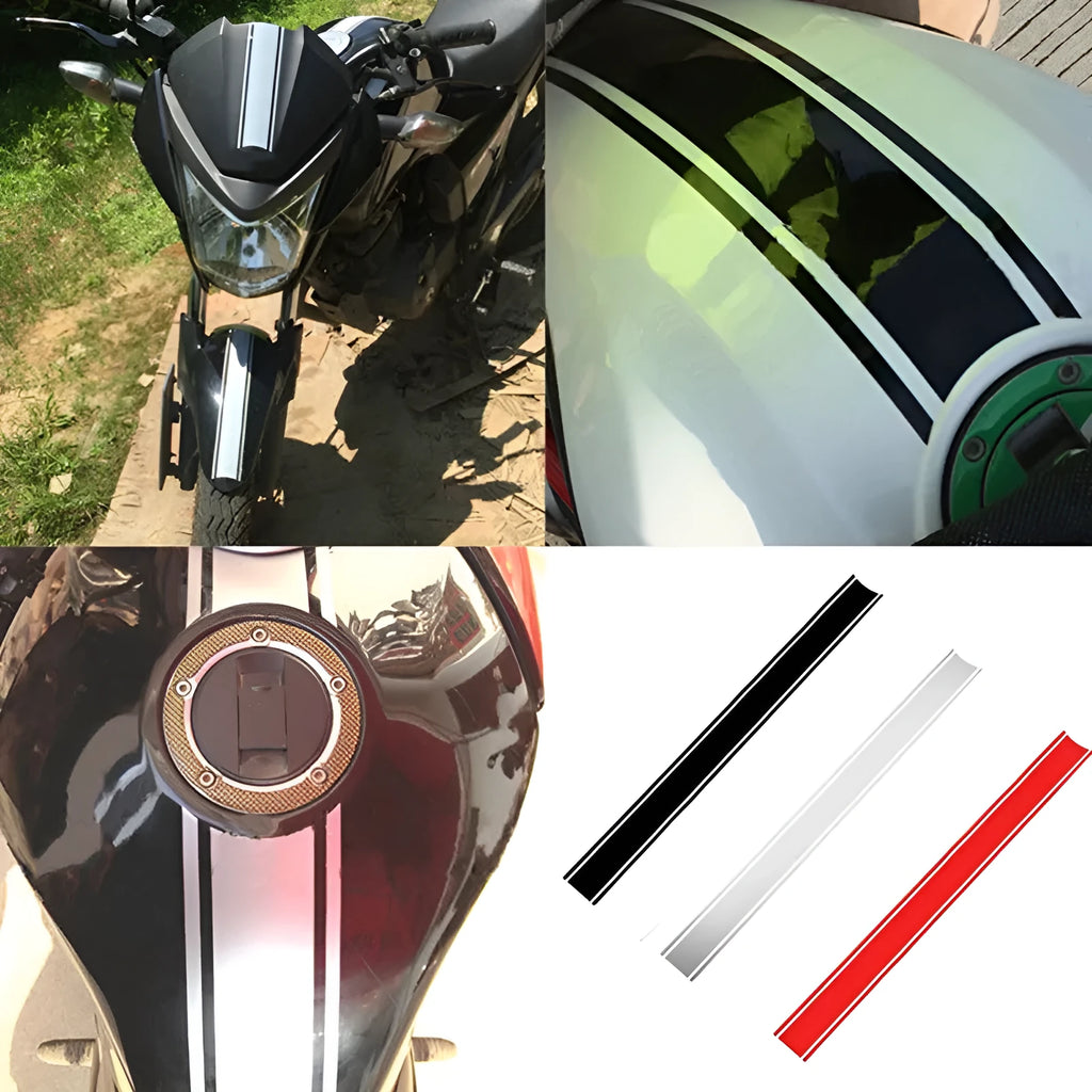 Roll of black reflective pinstripe motorcycle sticker for gas tank lid customisation.