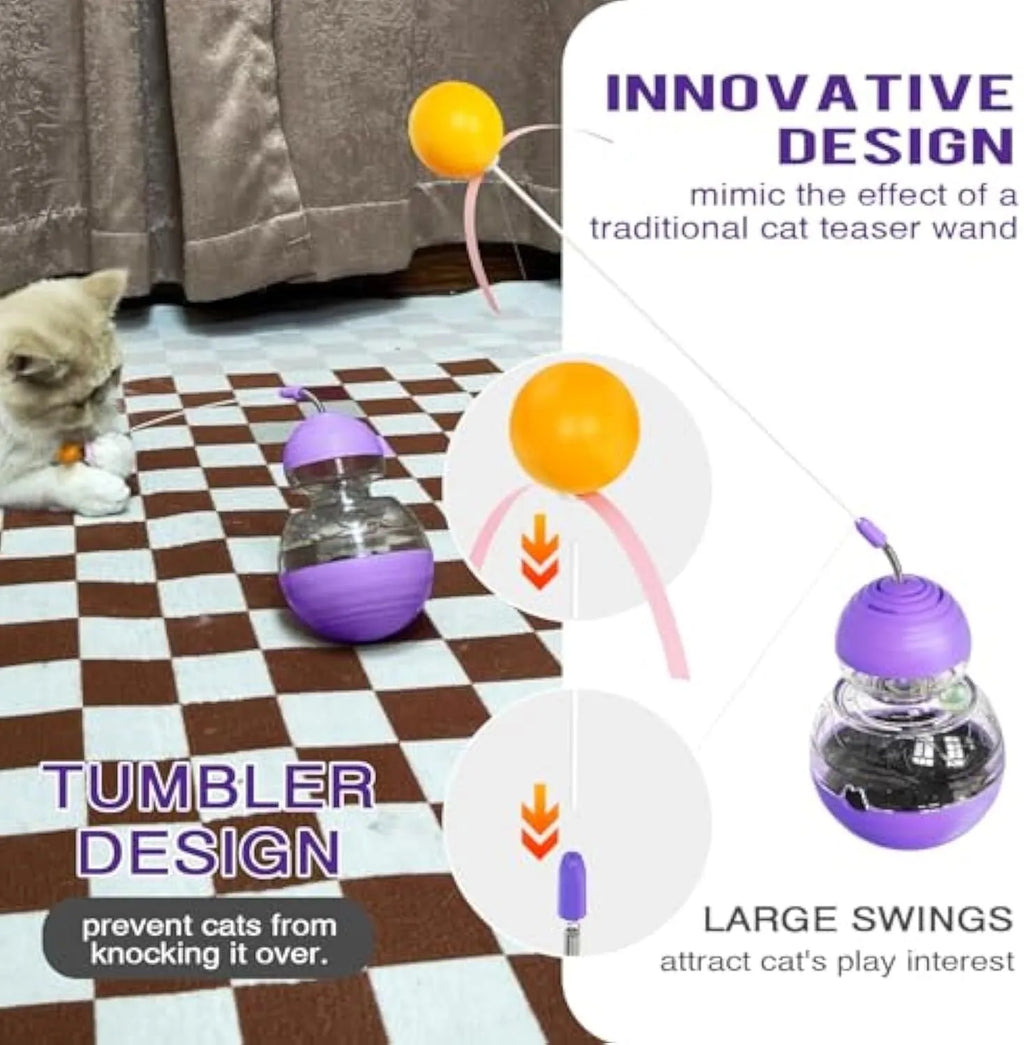 Electric yellow cat wand toy with plastic ball, ribbon teaser, and slow feeder compartment