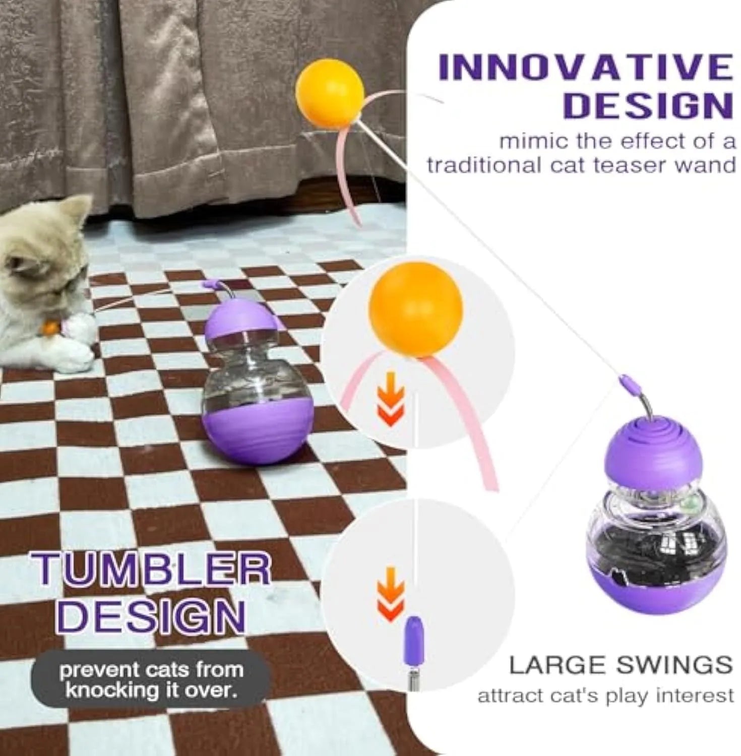 Electric yellow cat wand toy with plastic ball, ribbon teaser, and slow feeder compartment