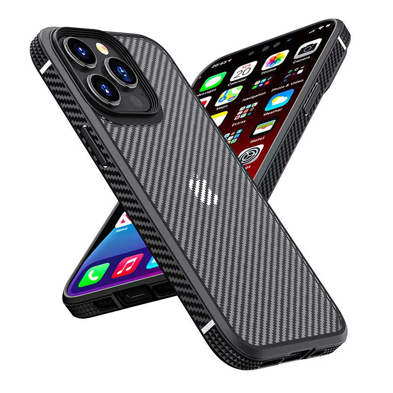 Black or blue iPhone 13 series phone case with a carbon fibre pattern on the back.