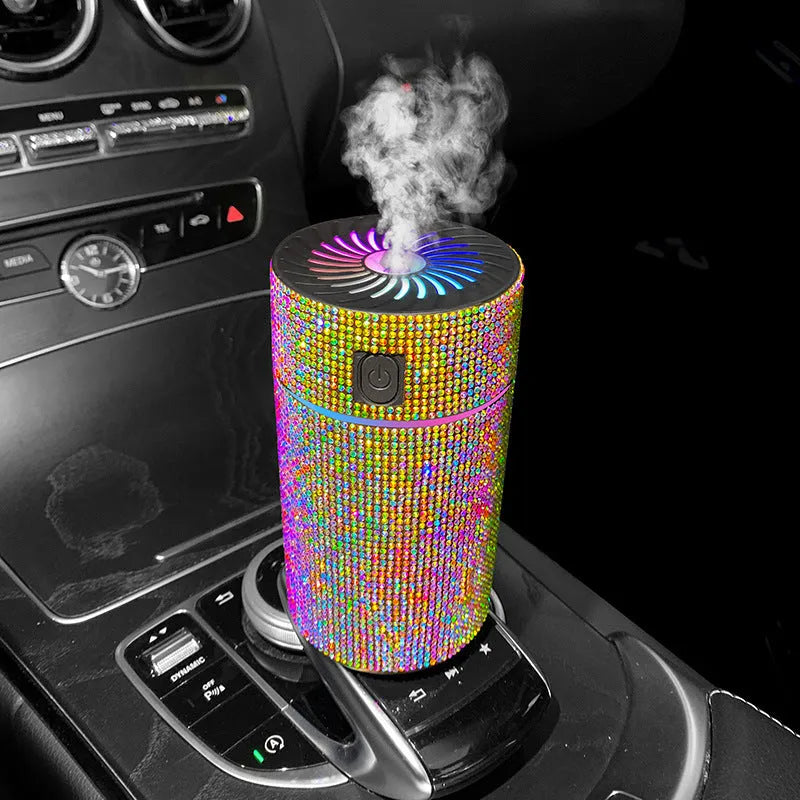Car mounted air purifier and humidifier unit with diamond finish and LED lighting in seven colour options