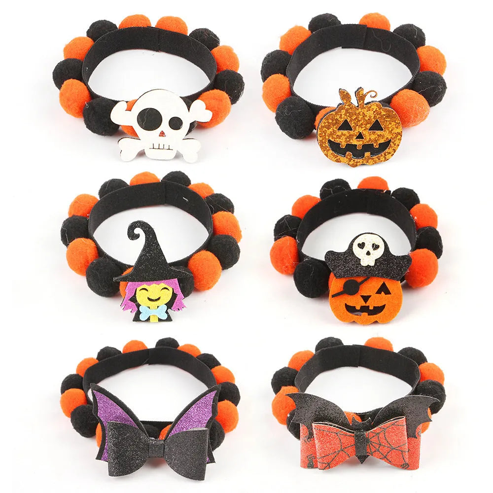 Halloween pet fur ball collar in pumpkin design with adjustable sizing for dogs and cats