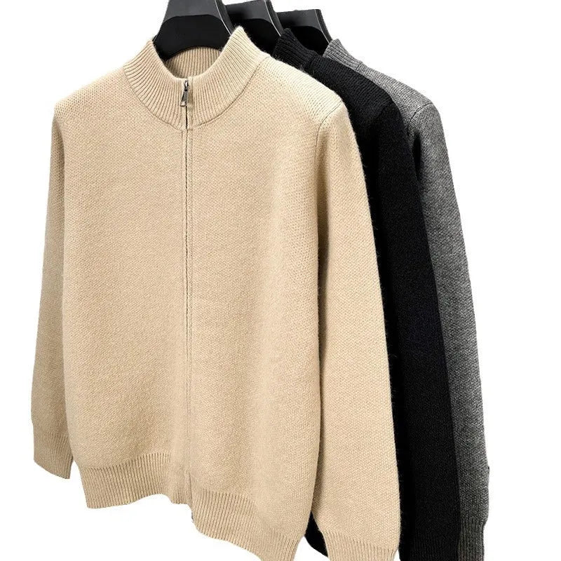Men's black knitted zipper cardigan with stand collar showing front zip and loose fit