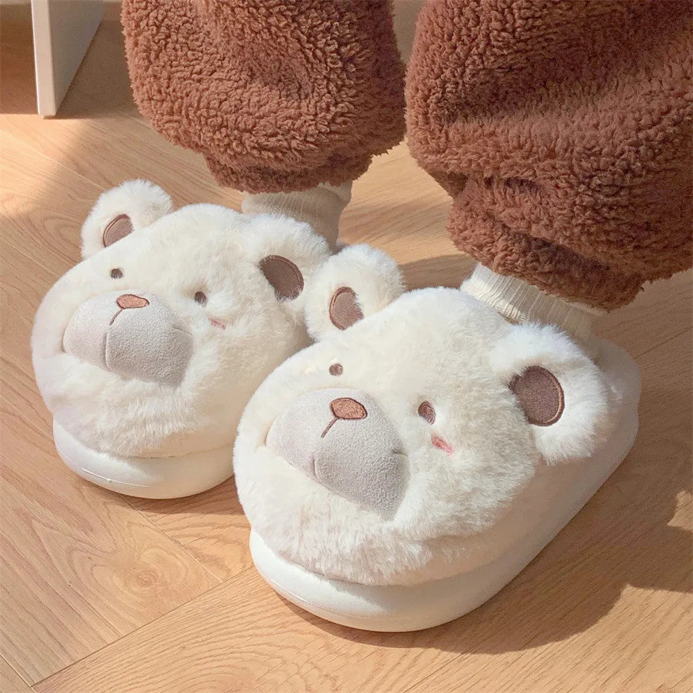 Cartoon-patterned women's suede plush slippers in milky white colour with round-toe design