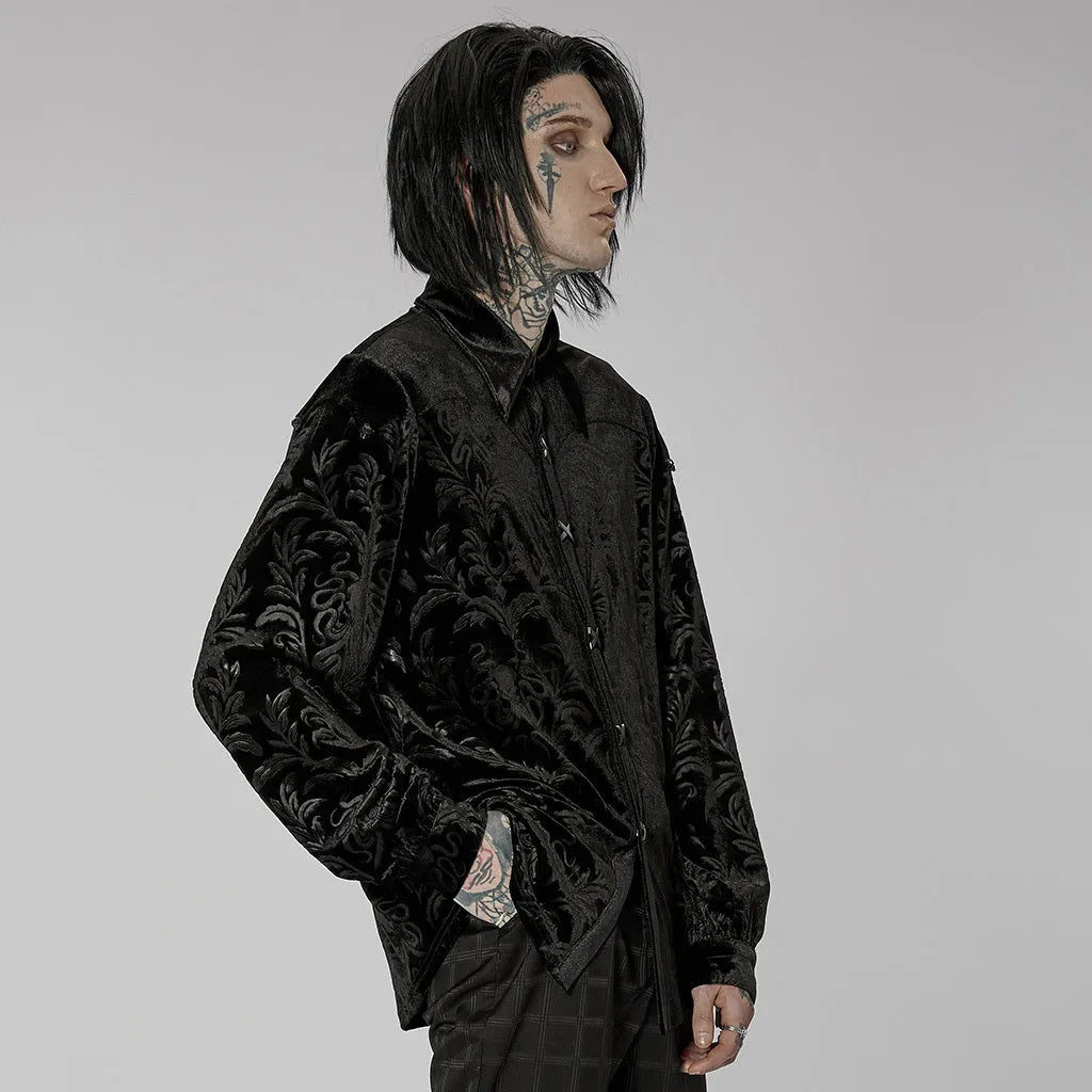 Black Gothic-style men's velvet shirt with a pointed collar and long sleeves on a hanger