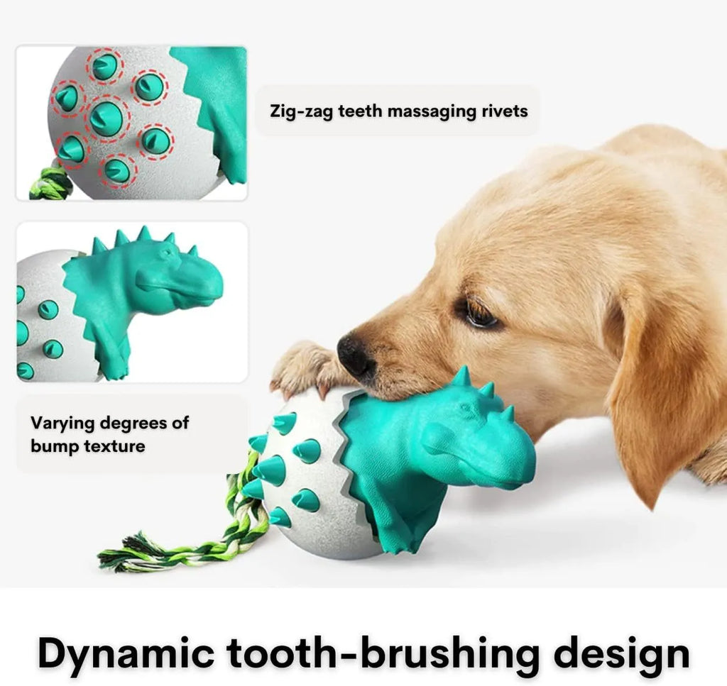 Blue durable rubber dog chew toy with rope and dinosaur design for aggressive chewers