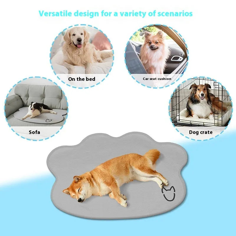 Ice silk pet cooling mat in dog head profile shape available in light grey, dark grey, dark green, and rice colours