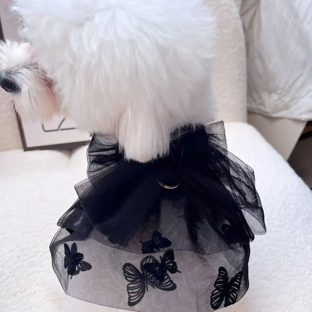 Black gauze princess tulle skirt for small dogs and cats on a mannequin showing the five available sizes