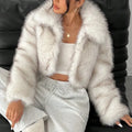 Artificial fox fur coat with fur collar in multiple colour options showing plush texture and winter styling