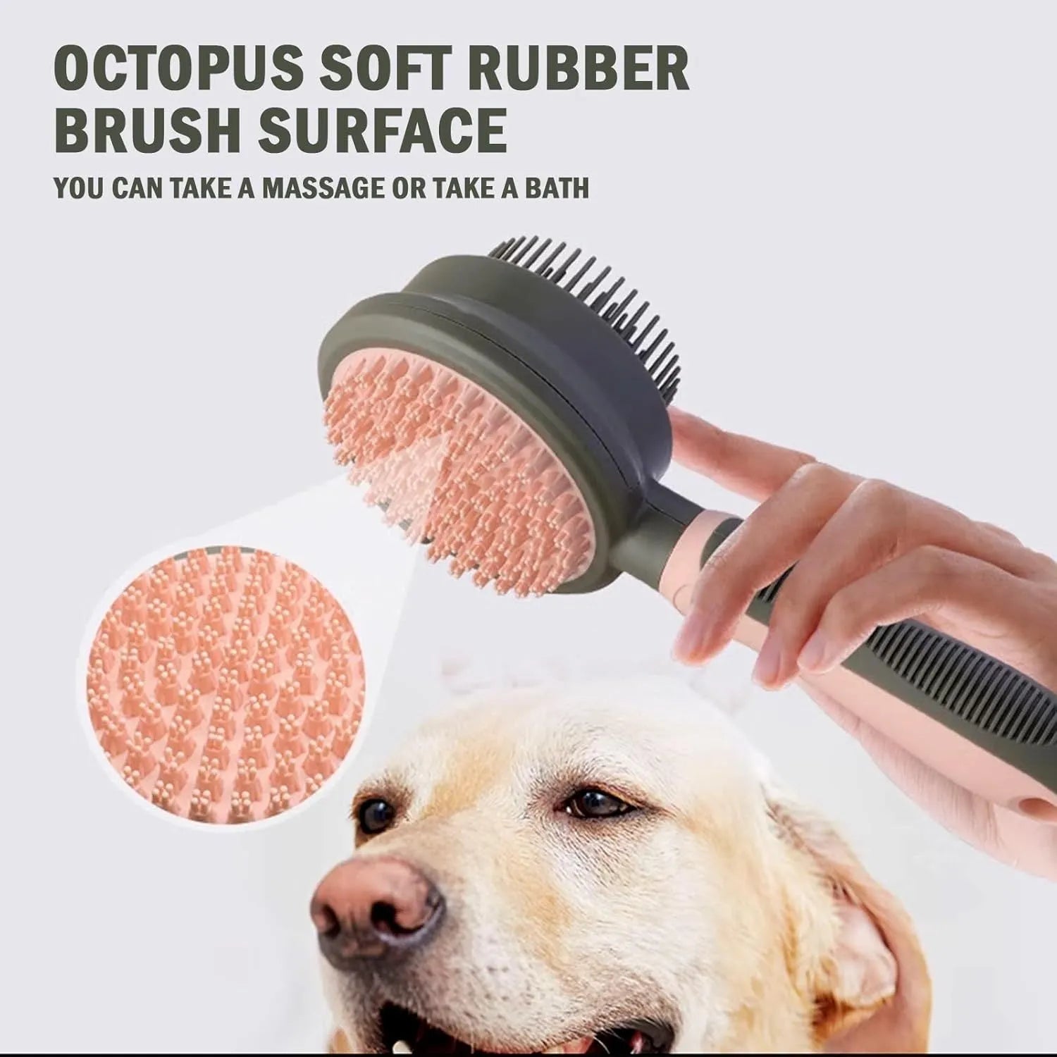 Pink and green double-sided cat brush with release button and attached flea comb