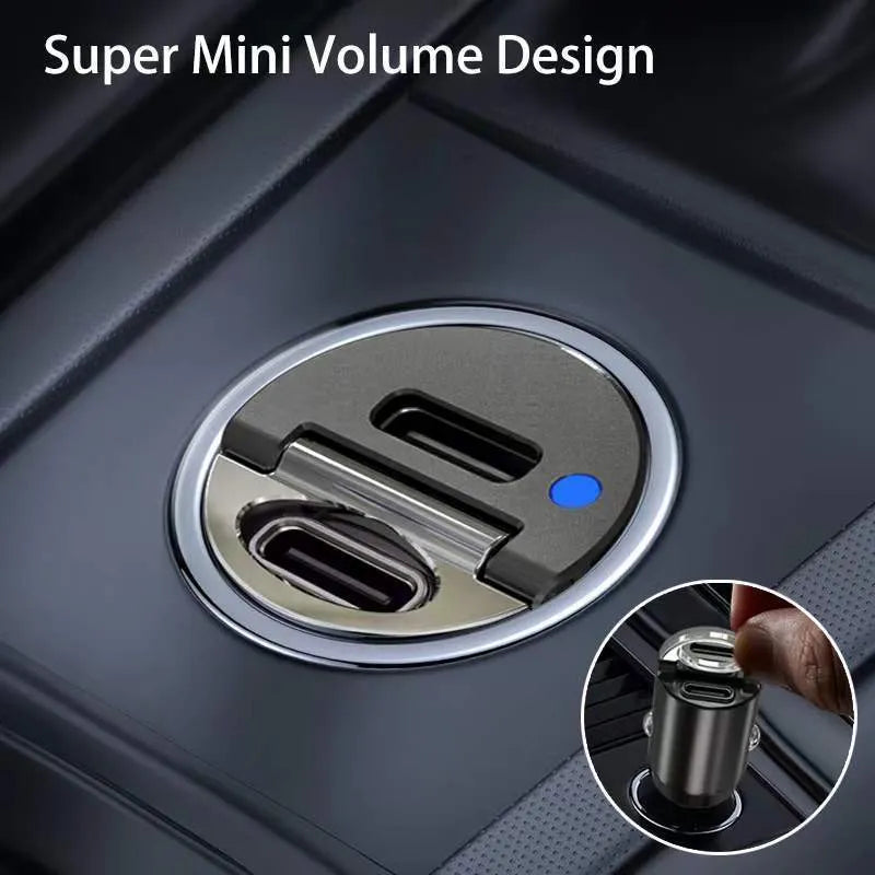 30W mini car charger with USB-C and QC3.0 ports in black zinc alloy housing