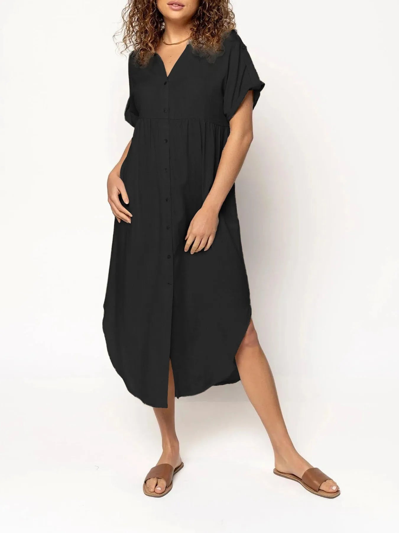 Casual mid-length button-front dress in solid colour with regular sleeves and mid-waist cut