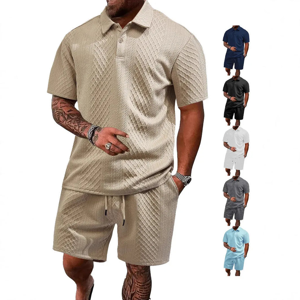 Men's patterned polyester casual suit with short sleeve polo top and pants in multiple colour options