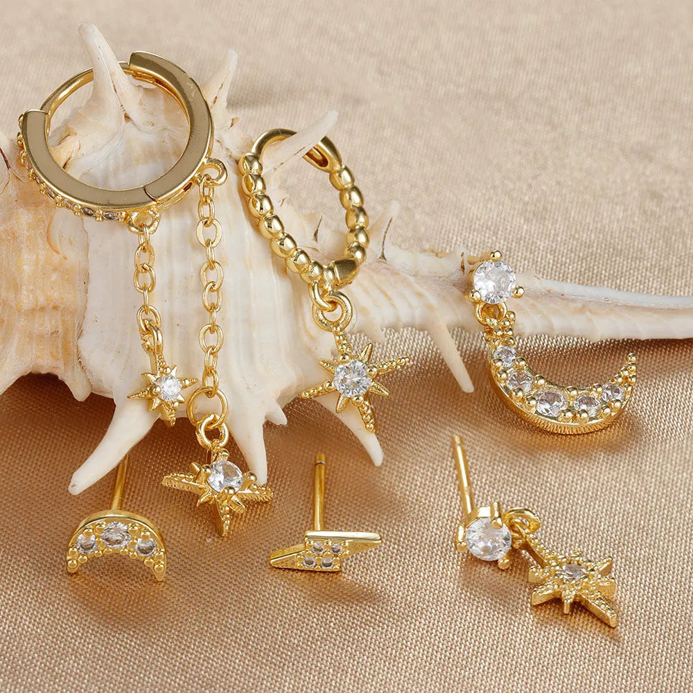 Gold chain tassel earrings with zircon stud details, six-piece set for women