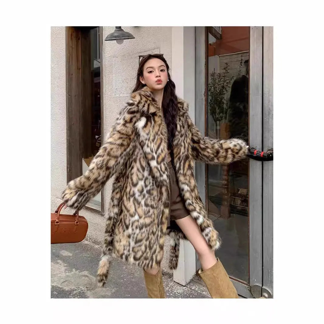 Women's faux fur coat with fur collar in street fashion style, available in multiple sizes