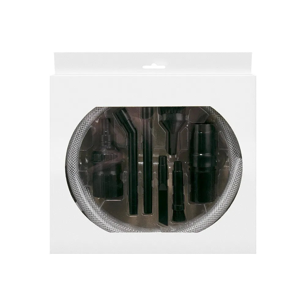 Boxed and bagged options of an eight-piece vacuum cleaner small suction head accessory set.