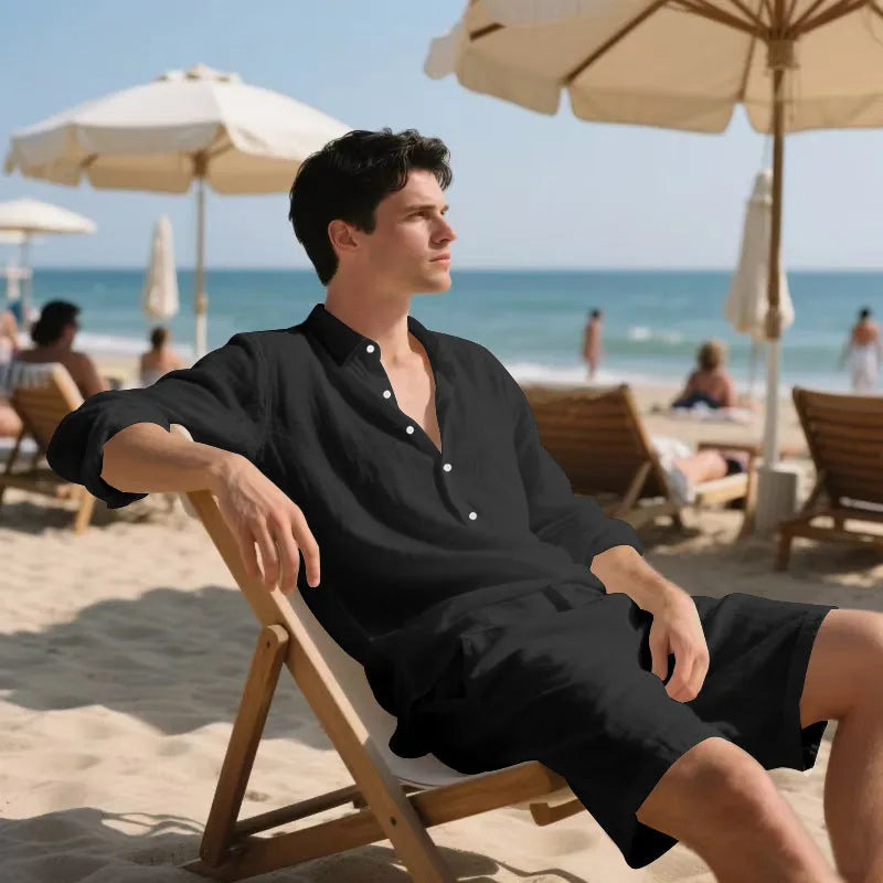 Men's linen summer casual suit with long sleeve shirt and shorts in multiple colours
