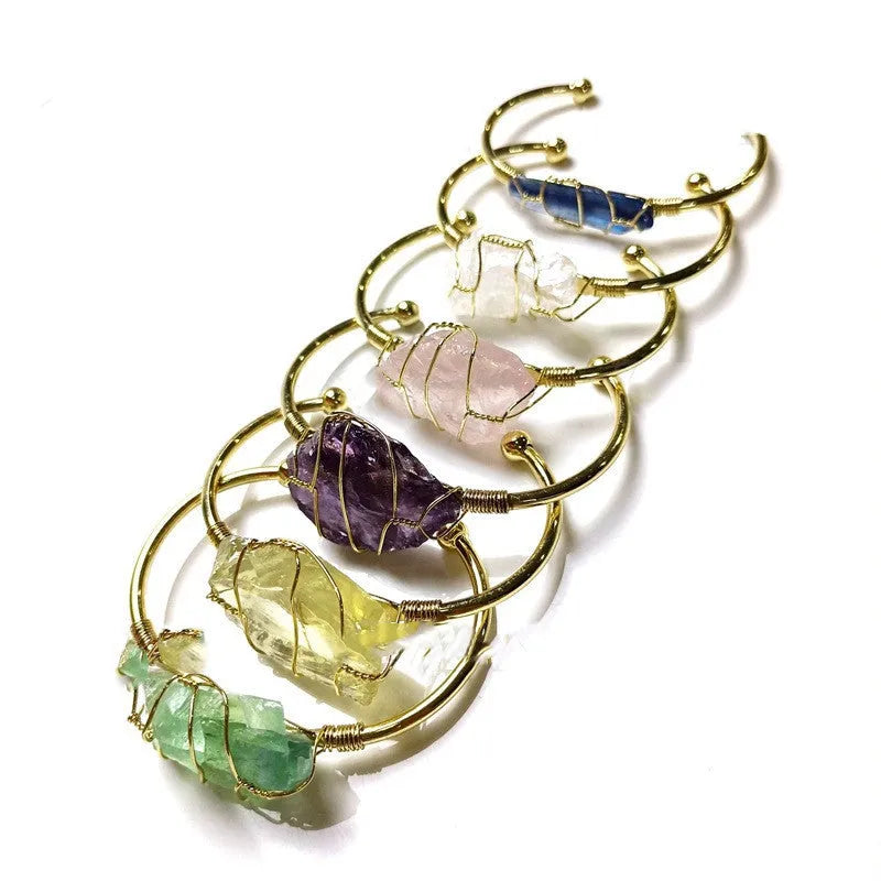 Geometric natural crystal bracelet with gold wire winding in mixed colours