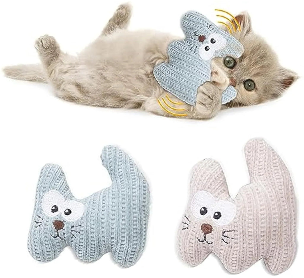 Cyan and light coffee plush cat toy with rope and bell for catnip play