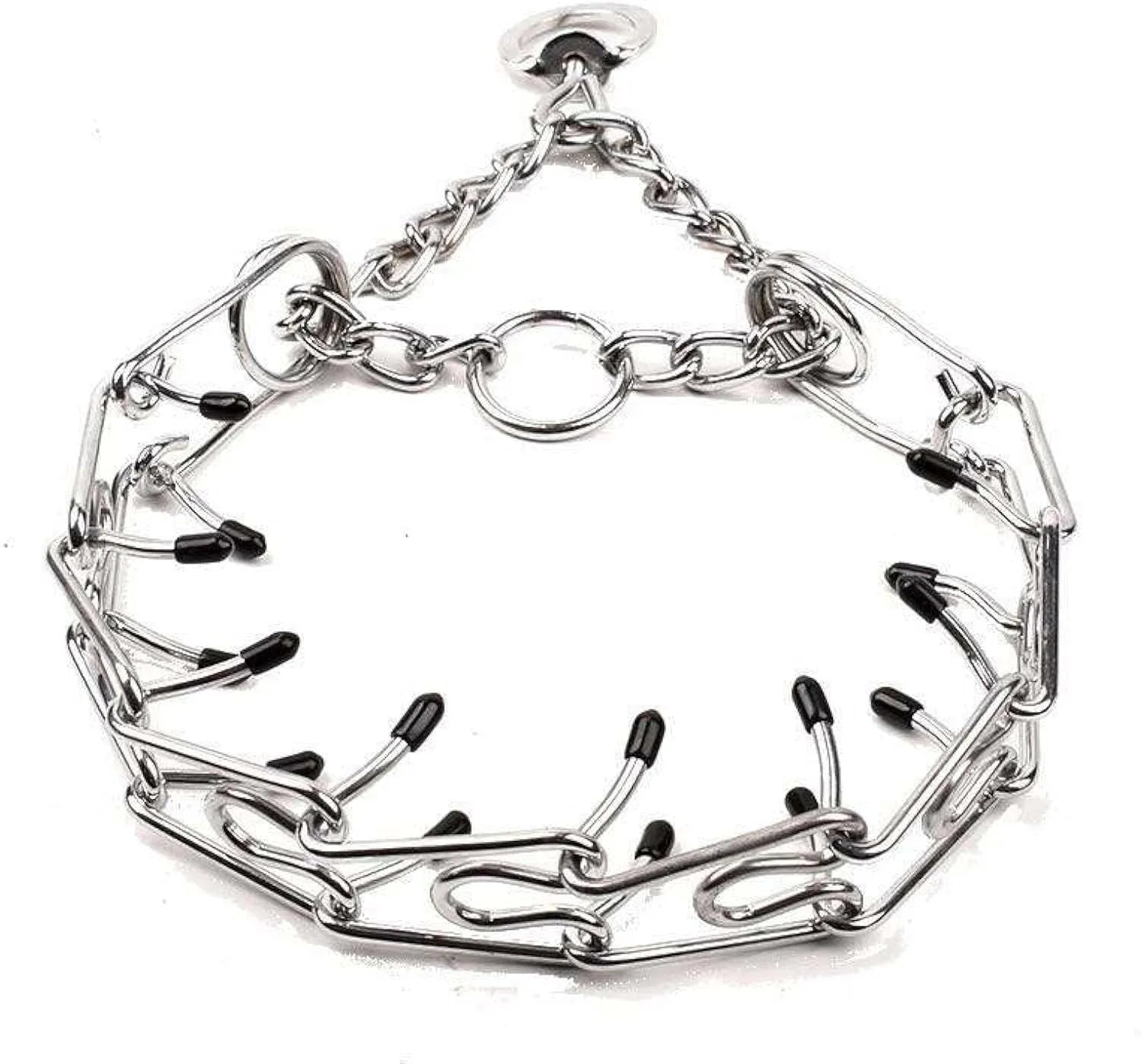 Stainless steel dog prong training collar with rubber tips and adjustable chain links