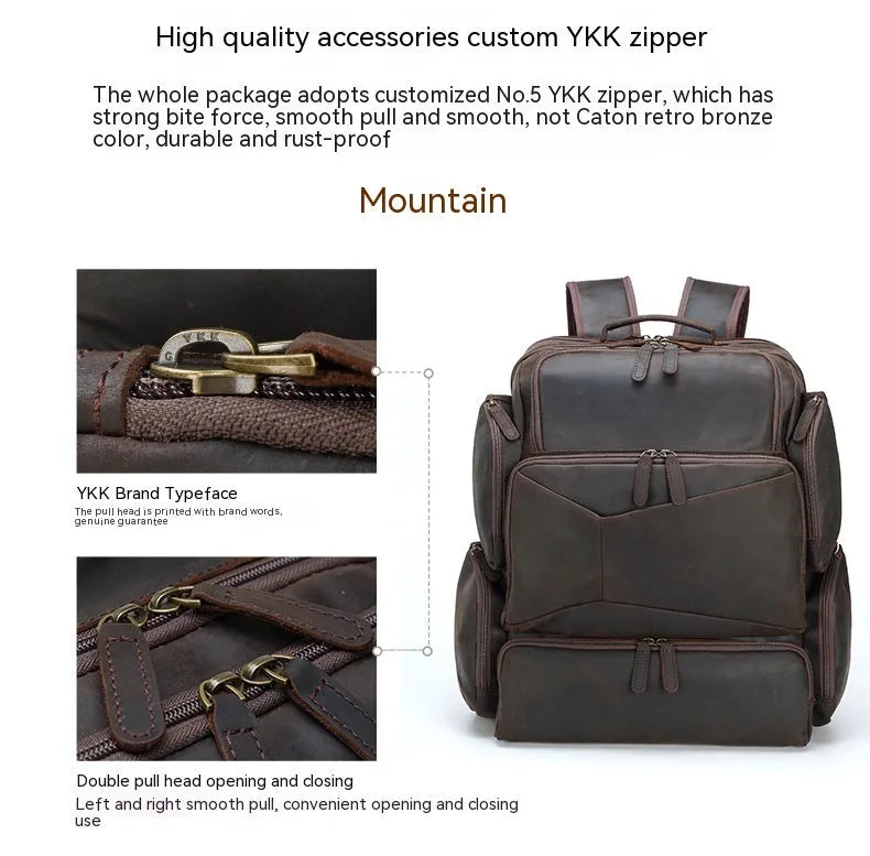 Dark brown genuine leather backpack with 17-inch laptop compartment and multiple organisational pockets