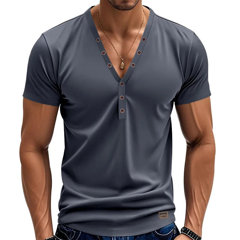 Men's loose V-neck casual shirt with button detail in chemical fibre blend fabric