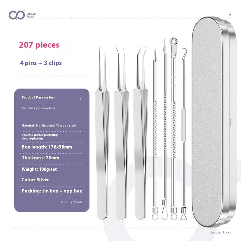 Four silver metal acne needles with fine pointed tips for blackhead removal.