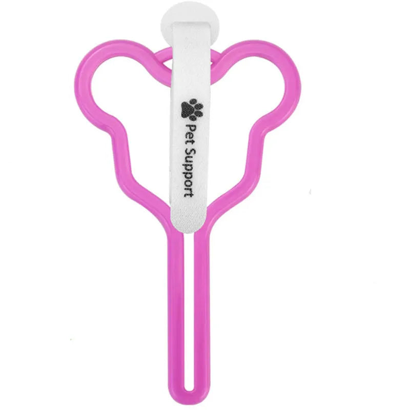 A dog poop bag holder with a Velcro strap, shown attached to a pet leash.