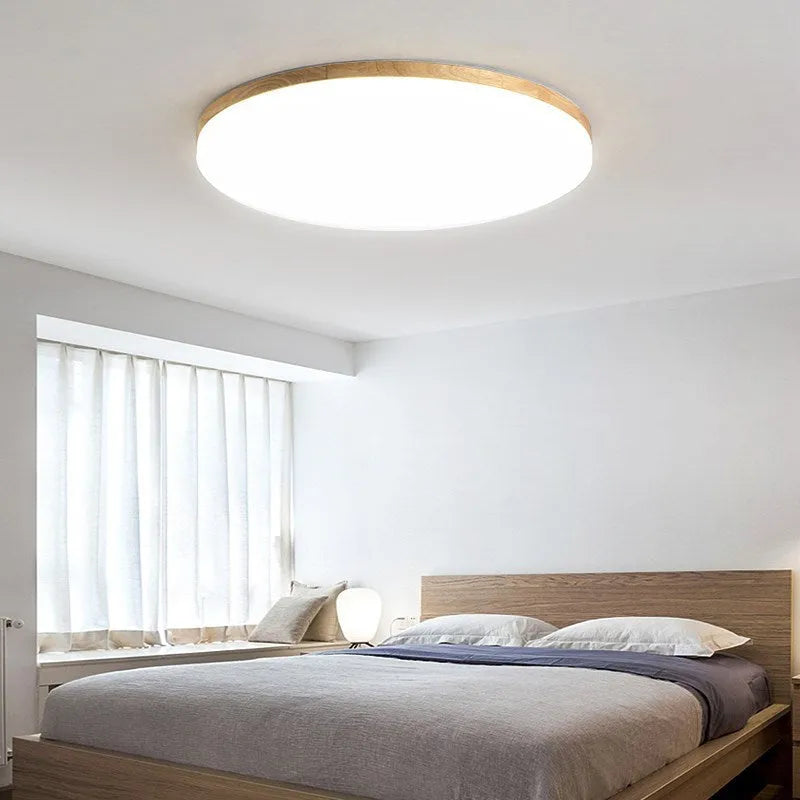 Japanese minimalist wooden and acrylic LED ceiling lamp with three colour lighting