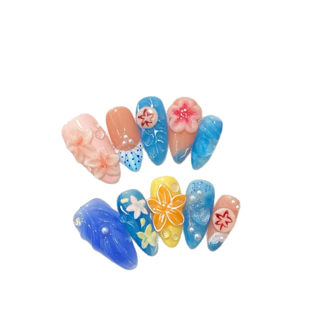 Three-dimensional carved jellyfish plastic wearable armour set in almond nail colour with marine patterns