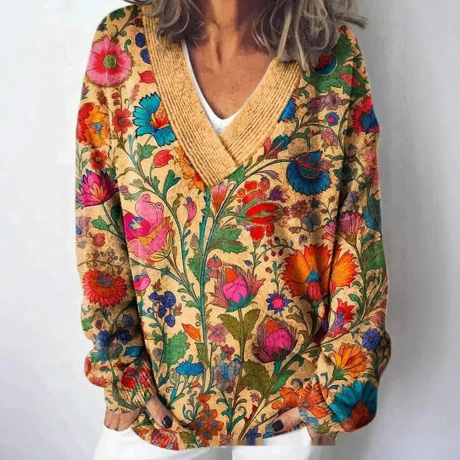 Women's V-neck long sleeve sweatshirt with a white-based 3D floral print pattern.