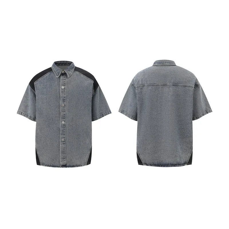 Retro washed denim jacket and trousers suit set in blue or black with short sleeves and loose fit