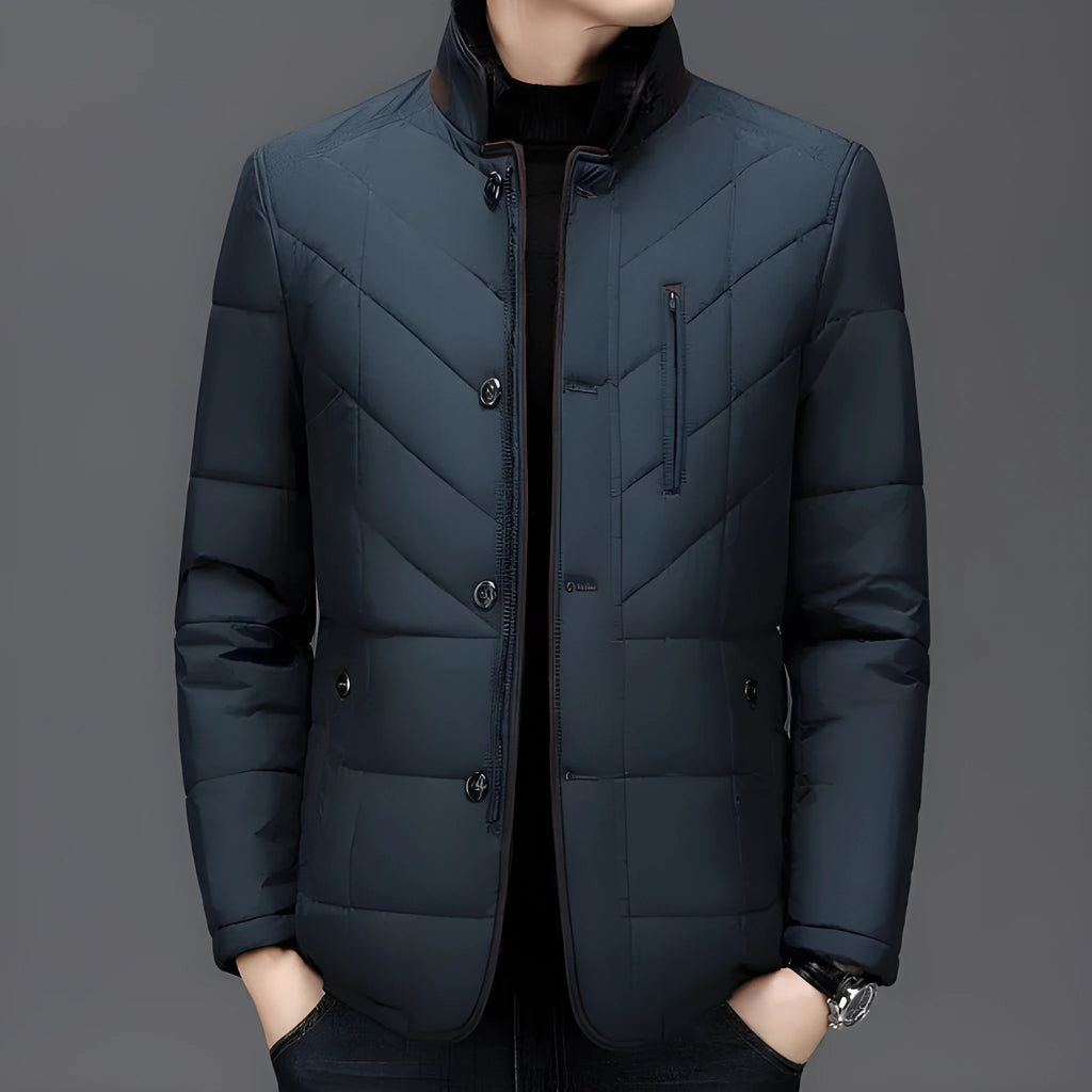 Men's solid colour winter short coat with side seam pockets available in dark blue, wine red, and dark green