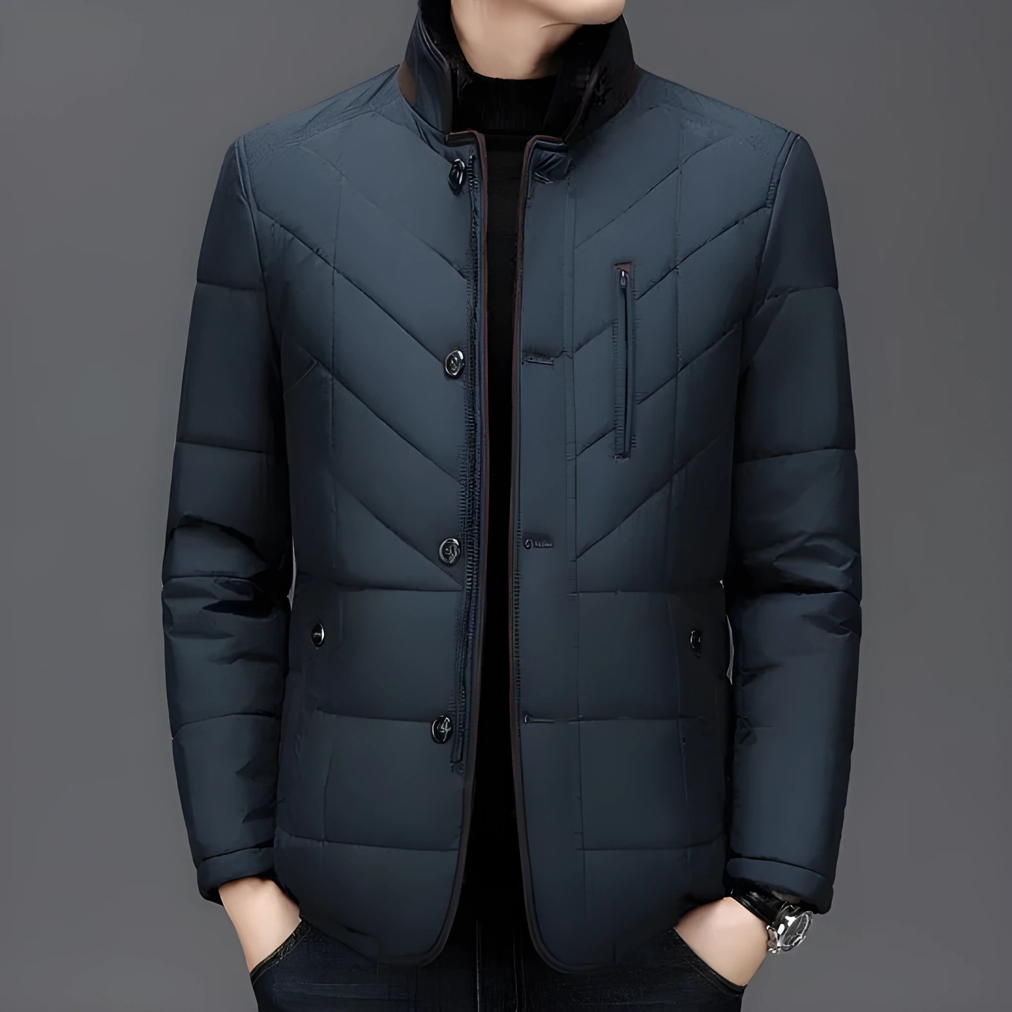 Men's solid colour winter short coat with side seam pockets available in dark blue, wine red, and dark green